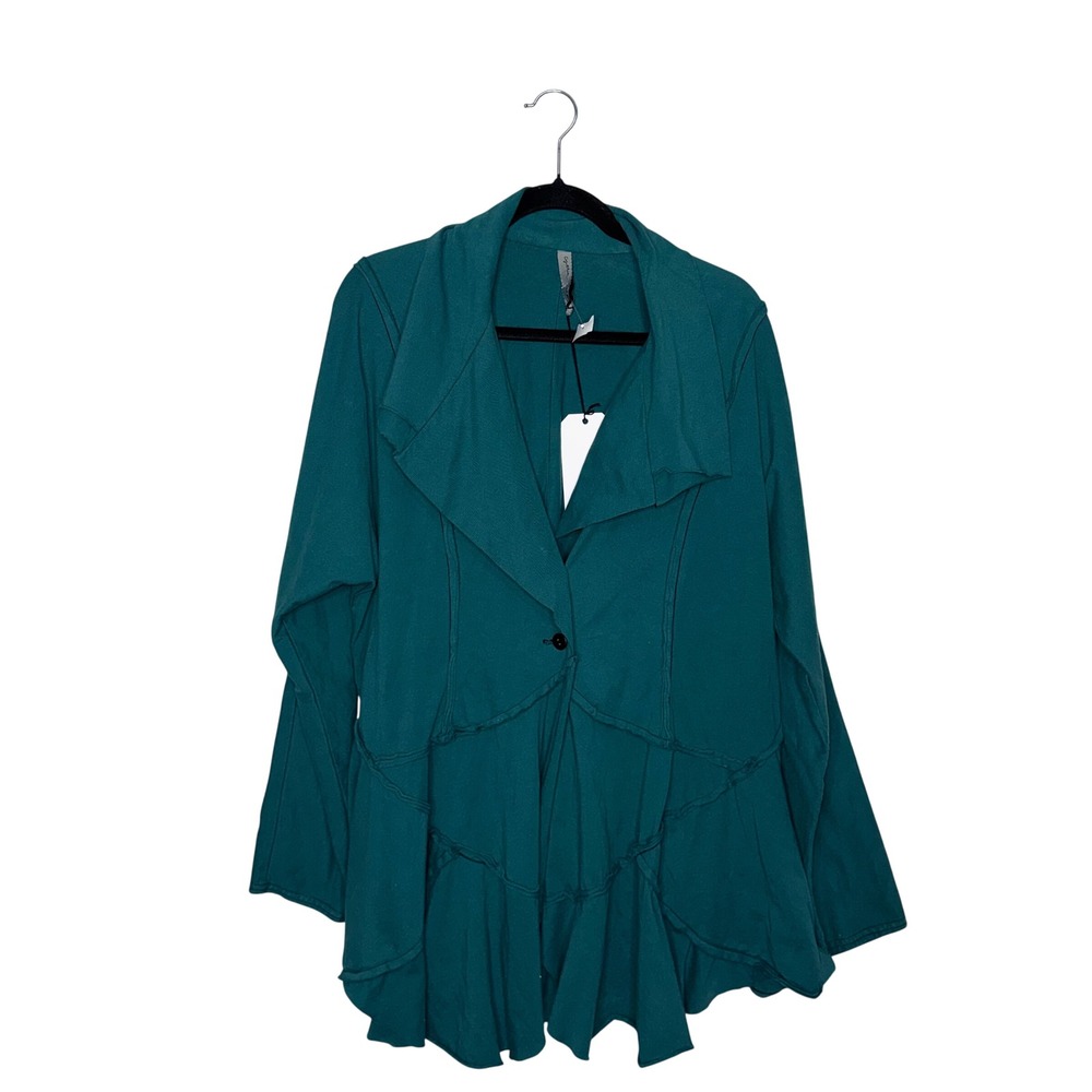 Cynthia Ashby Emilia Jacket Women Medium Teal NWT Cotton Lagenlook Raw Edge